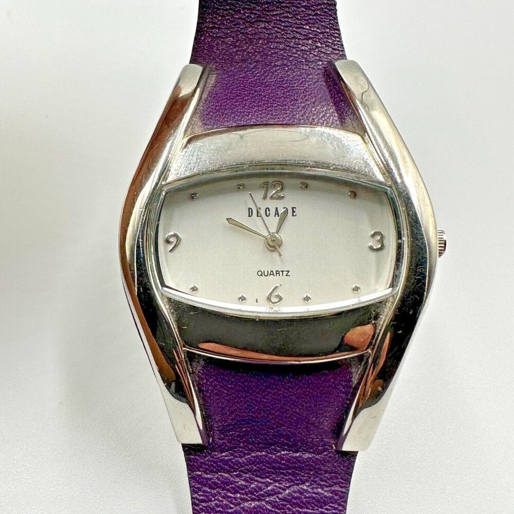 Decade Watch Women Silver Tone Purple Leather Band 36MM Barrel Case New Battery
